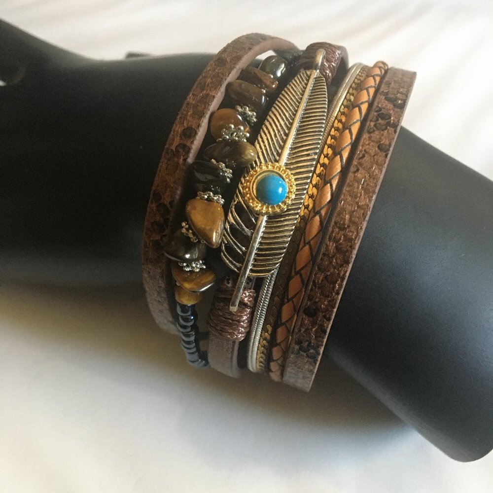 Bohemian Turquoise Silver Leaf Snakeskin Bead Multilayer Wrap Bracelet